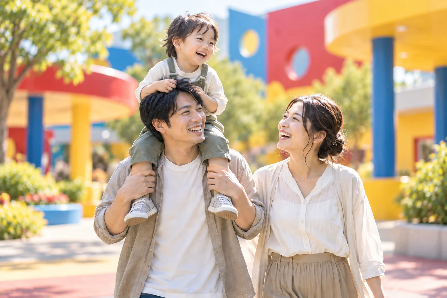 肩車をしながら笑顔で過ごす親子。イメージです